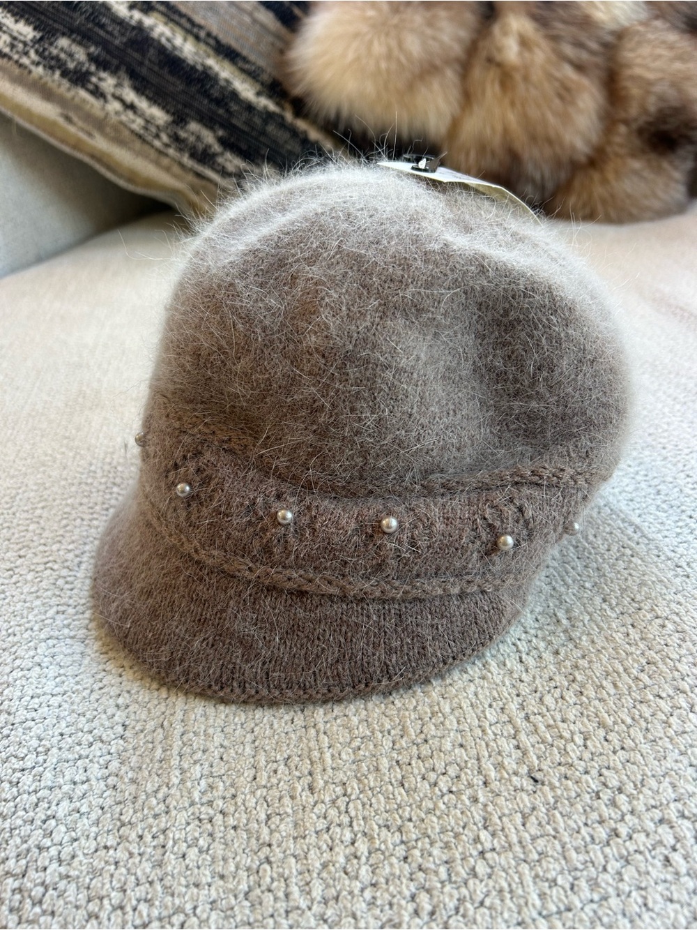 Beautiful Fuzzy Pearl-Trimmed Knit Visor Hat in Taupe❤️O/S.